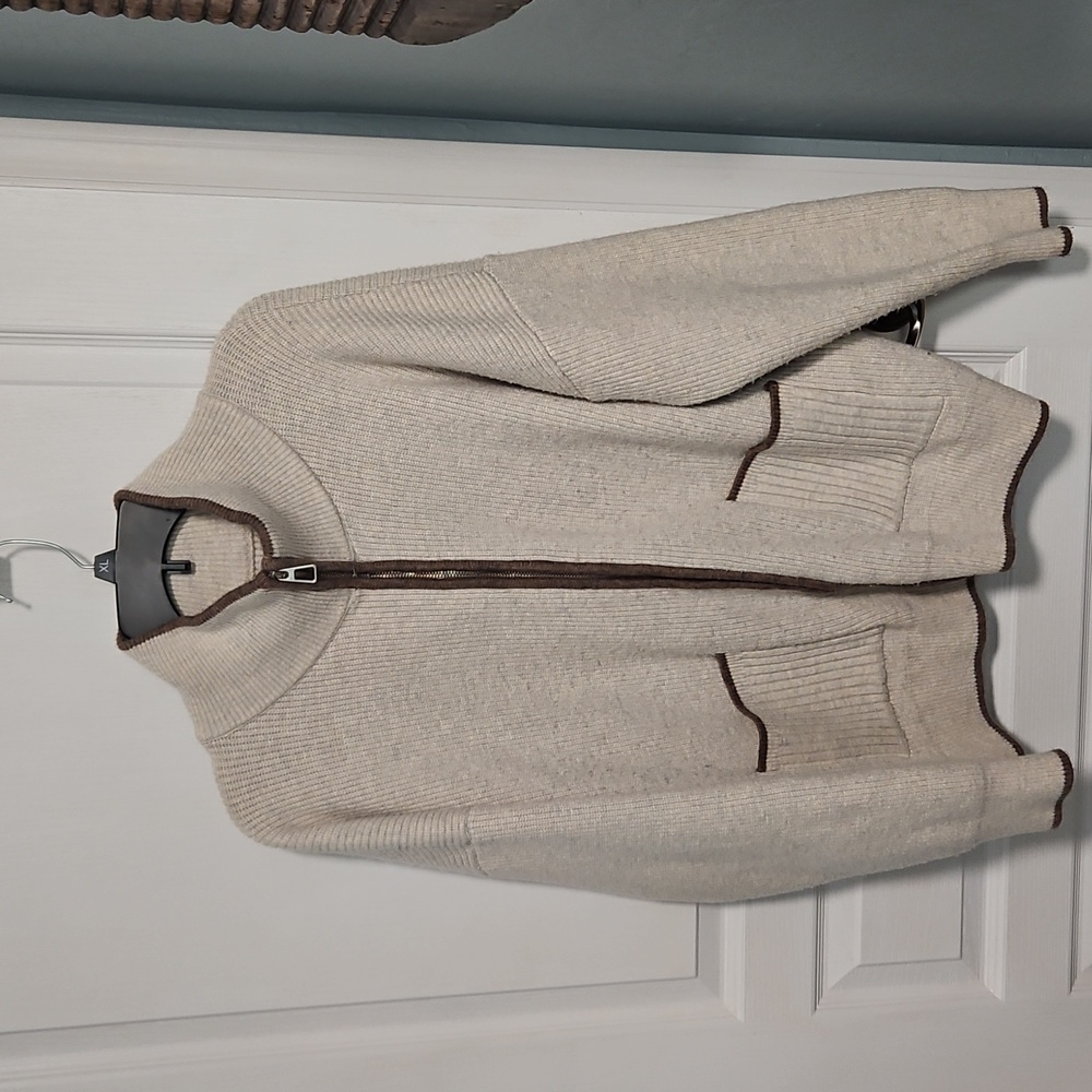 Oversized Loaf Zip Collared Knit Cardigan Cream Brown Womens XL (No Tag)